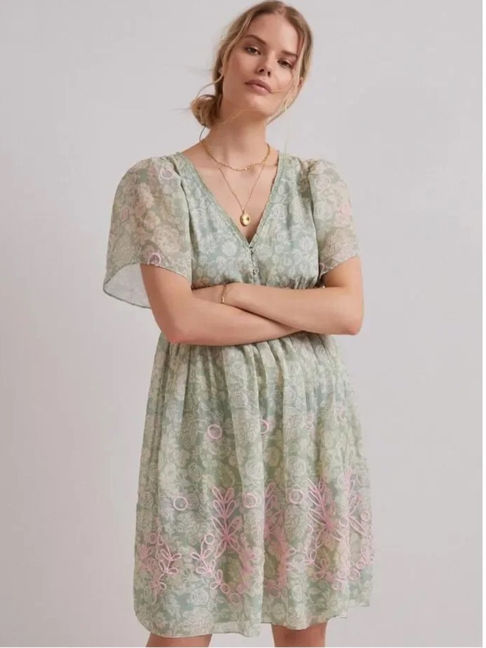 Anthropologie Light Green Floral Lace Midi Dress